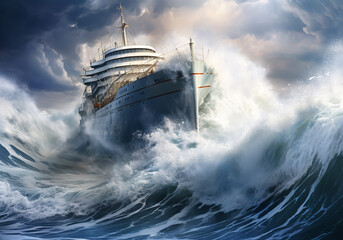 Ship sails in a turbulent sea on a large wave. Epic image. AI generative - obrazy, fototapety, plakaty