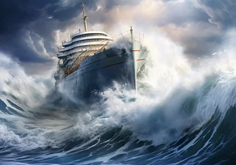 Fotobehang Ship sails in a turbulent sea on a large wave. Epic image. AI generative © Alicina