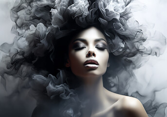 Abstract and diffuse portrait of woman with captivating elegance style and smoke all around. AI generative
