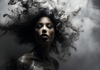 Abstract and diffuse portrait of woman with captivating elegance style and smoke all around. AI generative
