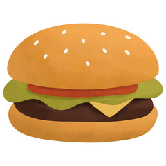 Colorful tasty burger with cheese, lettuce, tomato illustration