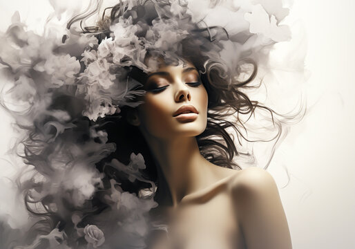 Abstract and diffuse portrait of woman with captivating elegance style and smoke all around. AI generative