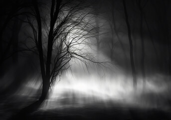 Rays of light on trees and snowy landscape, isolated in the darkness in a surrealistic environment. AI generative