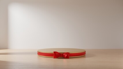 Gold round gift podium pedestal with red ribbon bow on white background. Showcase of product. 3D rendering