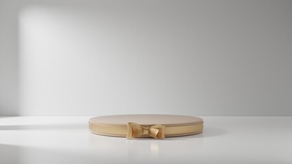 Wooden round gift podium pedestal with gold ribbon bow on white background. Showcase of beauty and cosmetics product. 3D rendering