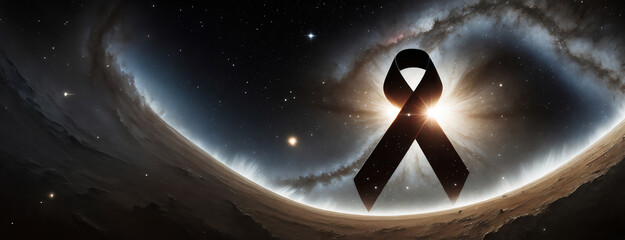 World AIDS Day background. Red ribbon HIV on dark space background. Memory of those who died of AIDS. - obrazy, fototapety, plakaty