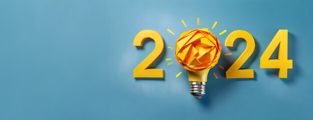 Yellow numbers 2024 year with burning light bulb on blue background. Creative idea card for New Year. - obrazy, fototapety, plakaty