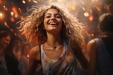 Naklejka premium Blond Bliss: Capturing the Radiant Joy of a Beautiful Blonde at an Outdoor Celebration