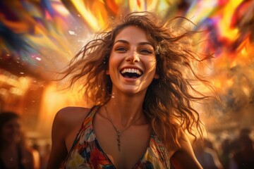 Naklejka premium Blond Bliss: Capturing the Radiant Joy of a Beautiful Blonde at an Outdoor Celebration