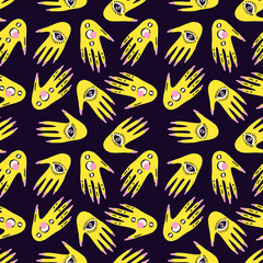 Seamless pattern with Magical mystical symbol hands with eyes