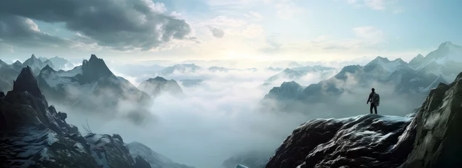 Foto op Aluminium man standing on top of a mountain among mountains © evening_tao