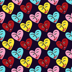 Valentines Day pattern with ugly funky hearts. Groovy cute love characters