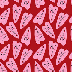 Valentines Day pattern with ugly funky hearts. Groovy cute love characters