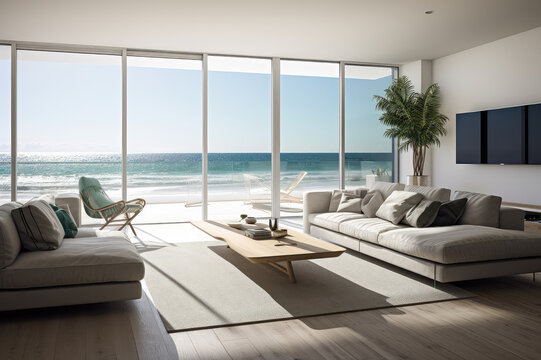 A bright living room and large glass by the sea