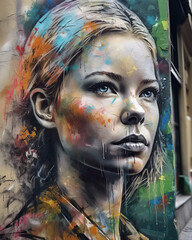 Street Art Meets Classic Portraiture - Ein Porträt, das Elemente der Straßenkunst, wie Graffiti und Stencil-Art, mit klassischen Portraittechniken kombiniert. Das Gesicht könnte von expressiven Street