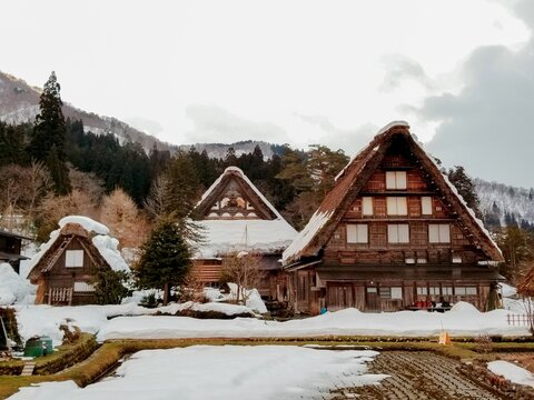 Beautiful winter landscape of Gassho-style houses in the historic village of Shirakawa-go, Japan
