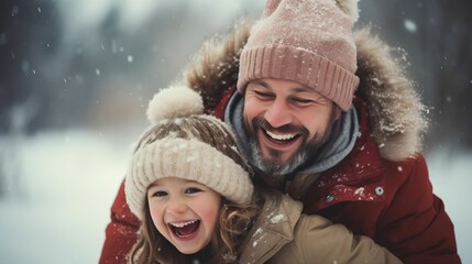 Fototapeta premium Father, kids play, laugh in winter snow outdoors
