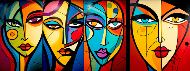 COLORFUL ARTISTIC GRAFFITI OF WOMEN IN CUBIST AND POP ART STYLE. legal AI	
