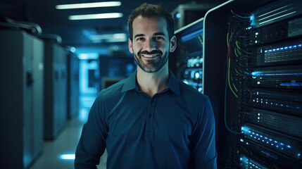 A network engineer in his data center is looking at the camera and smile