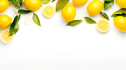 FRESH LEMONS ON WHITE BACKGROUND, FLAT TOP VIEW WITH EMPTY SPACE FOR INSERT. legal AI