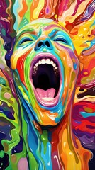 Vivid, distorted face displaying a spectrum of colors, symbolizing the complexity of mental health and the inner turmoil of emotional distress.
