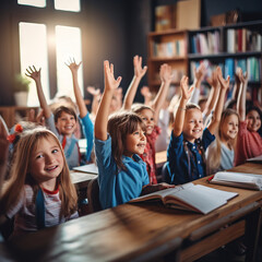 Children raise their hands to answer in the classroom. Back To School concept. Backdrop with selective focus. School restart
