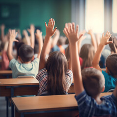 Children raise their hands to answer in the classroom. Back To School concept. Backdrop with selective focus. School restart
