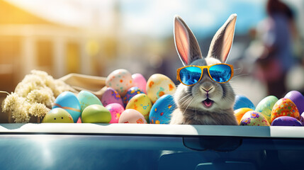  Cute Easter Bunny with sunglasses looking out of a car with traditional colourful easter eggs
