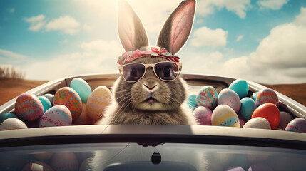  Cute Easter Bunny with sunglasses looking out of a car with traditional colourful easter eggs
