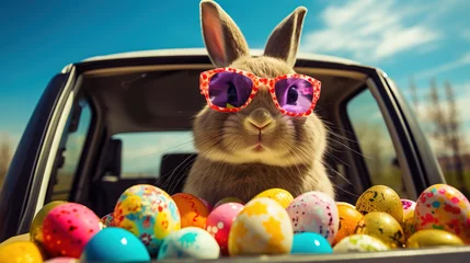 Fototapeten  Cute Easter Bunny with sunglasses looking out of a car with traditional colourful easter eggs  © Francescozano