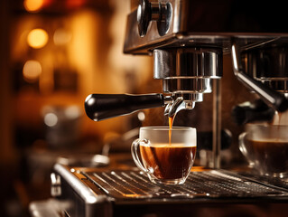 Close-up of espresso pouring from a coffee machine. Lifestyle concept suitable for drinks and rest