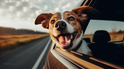 happy dog with head out of the car window having fun
 - obrazy, fototapety, plakaty