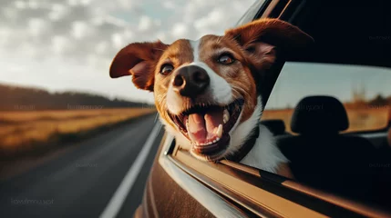 Foto op Plexiglas happy dog with head out of the car window having fun  © Francescozano