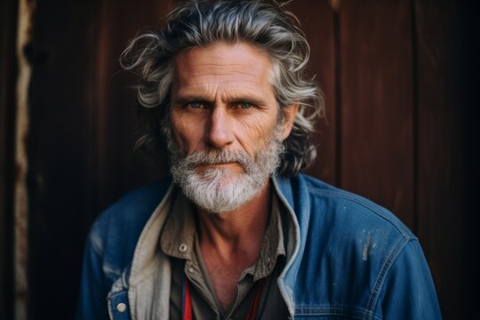Portrait of a senior man with gray hair and beard in a denim jacket.