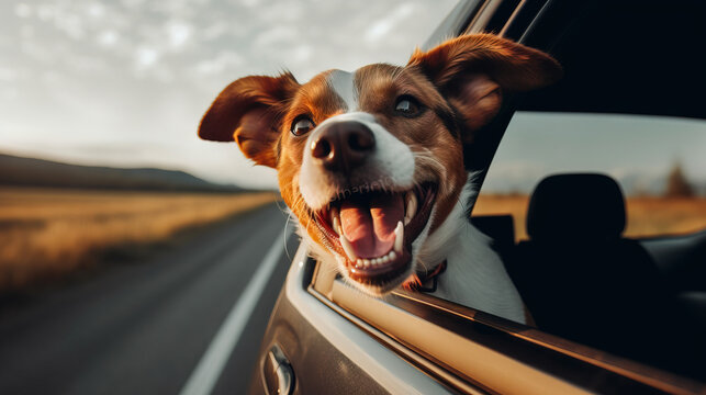 happy dog with head out of the car window having fun
