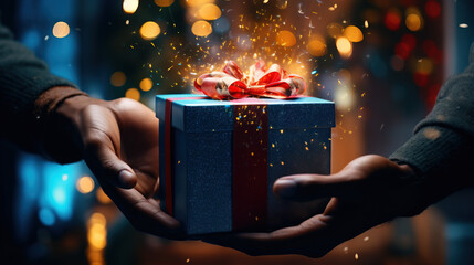 Christmas present in hands over magic romantic style bookeh background. Ai generative
 - obrazy, fototapety, plakaty