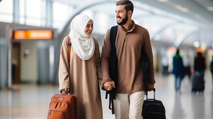 Portrait Of Joyful Islamic Spouses Standing With Luggage 