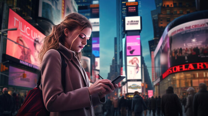 Amidst the neon lights of a nighttime cityscape, a woman engages with a mobile app on her phone.
