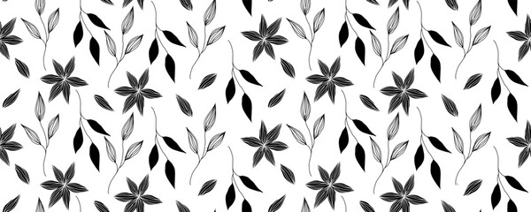 leaves silhouettes seamless pattern. Plant motif with branch silhouettes, decorative brush twigs.  line art