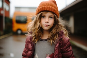 Portrait of a little girl with long blond hair in a warm hat on the street.