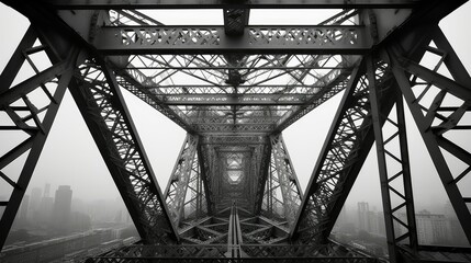 Artistic black-and-white photo capturing the underside of metal scaffolding on a large structure, evoking a sense of industrial complexity and architectural beauty.