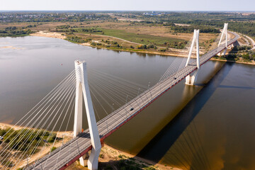 Aerial view of Murom cable bridge through Oka river, length of bridge about 1400 meters. Russia