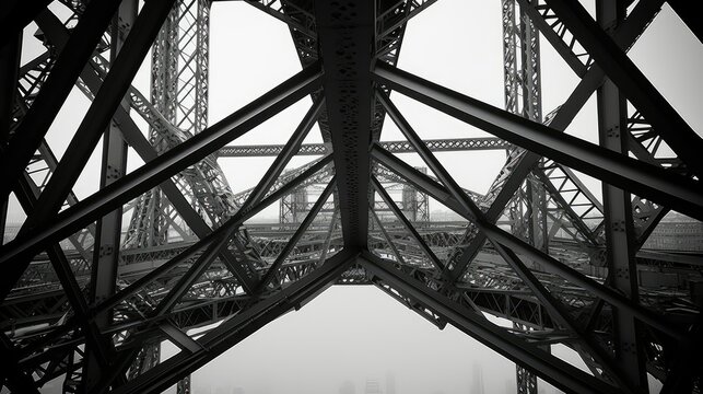 Artistic black-and-white photo capturing the underside of metal scaffolding on a large structure, evoking a sense of industrial complexity and architectural beauty.