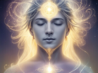 Spiritual Radiance, An ethereal portrayal of a woman infused with the luminous lights of the mind, embodying spirituality and inner brilliance, generated by AI 