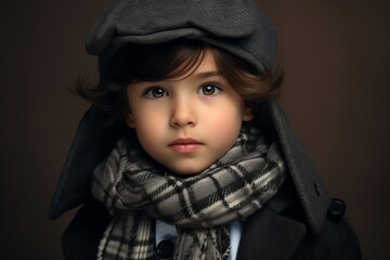 A portrait of a fashionable little girl in a gray coat and scarf. Winter fashion.