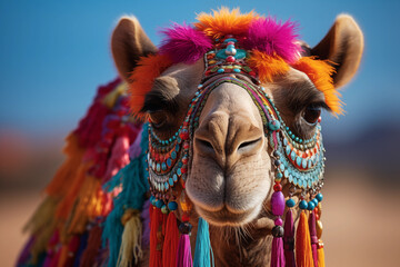 portrait of a camel decorated with ornaments for a tourist camel ride - obrazy, fototapety, plakaty