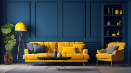 A huge living room's accent lounge. blue and yellow hues. Dark blue wall that is empty and a bright yellow sofa with mustard undertones. a mockup of a contemporary interior. - obrazy, fototapety, plakaty