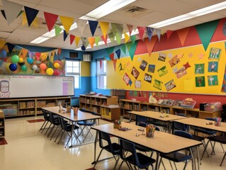 A brightly lit elementary school classroom with colorful decorations on the walls and students...