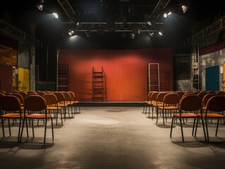 A drama classroom with an empty stage, props, and theater seating.