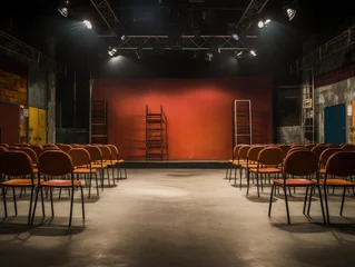 Foto op Canvas A drama classroom with an empty stage, props, and theater seating. © authapol